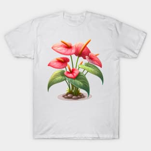 Flamingo Flower, Red Anthurium - Cartoon Houseplant Painting T-Shirt